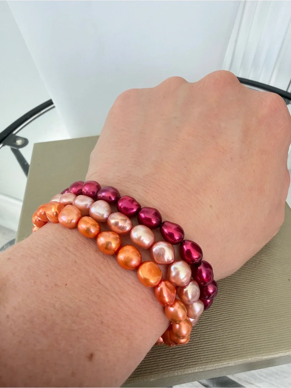 NWOT 7” Honora red, orange, champagne dyed freshwater pearl stretch bracelets!